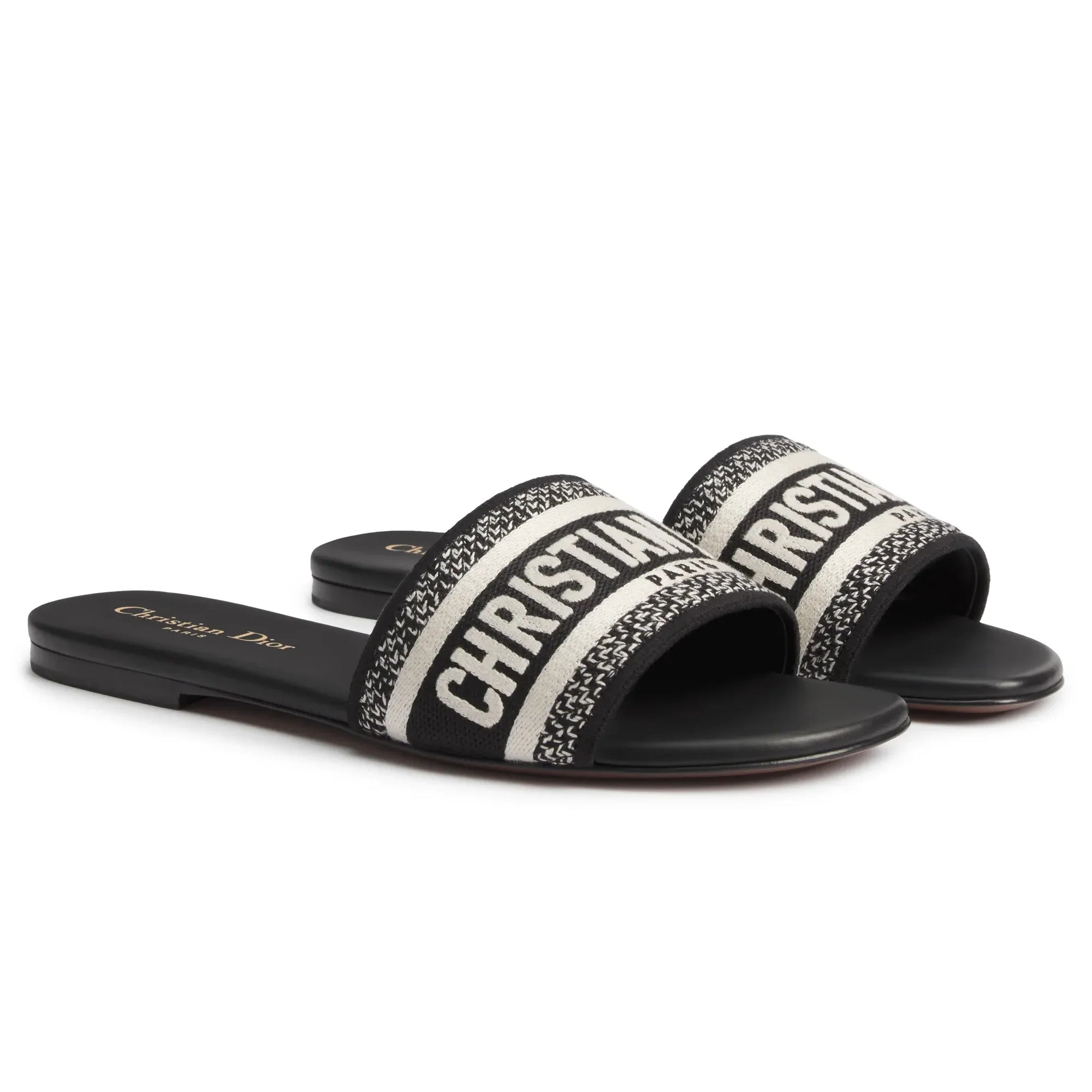 Dway Embroidered Cotton Black White Slides