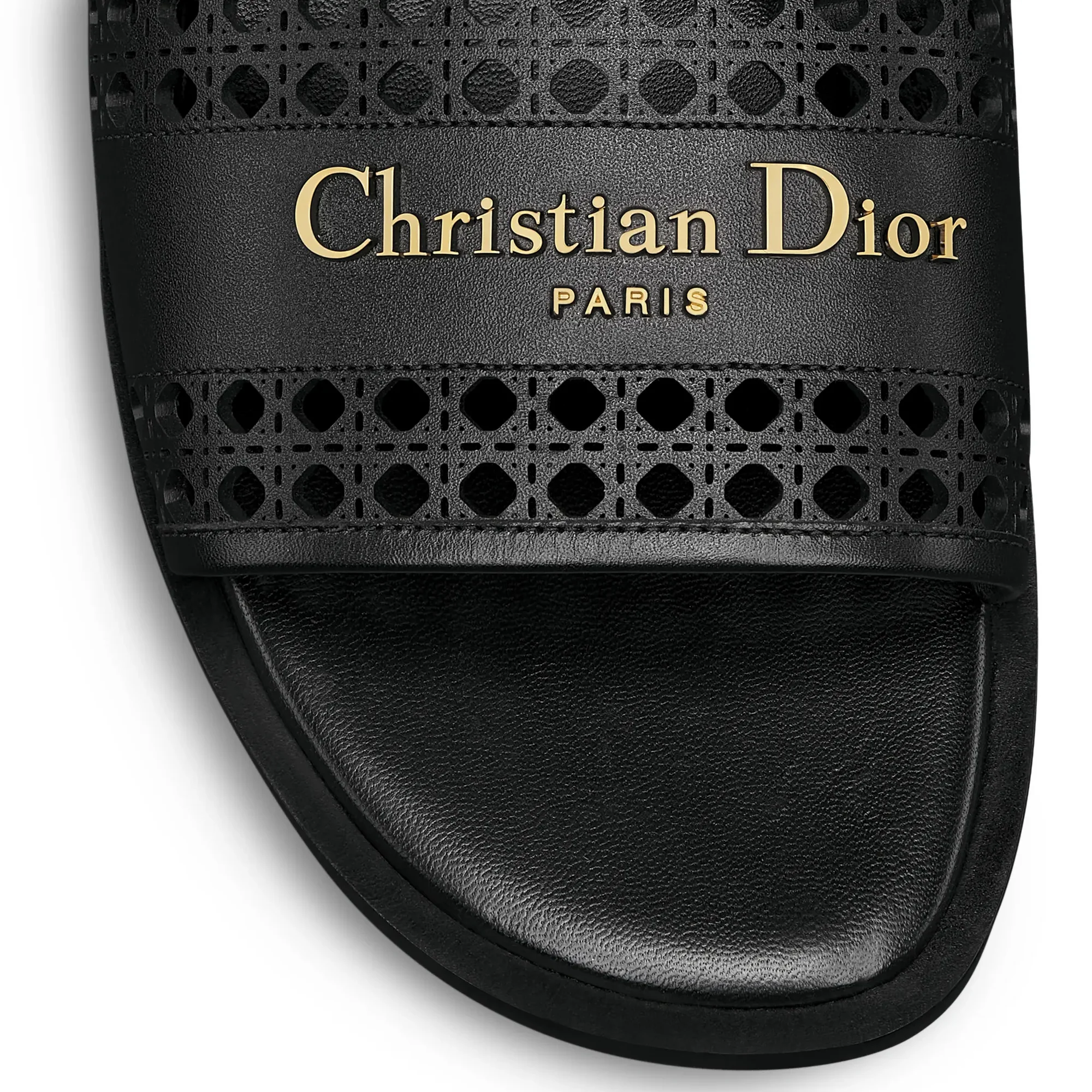 D-Lane Openwork Microcannage Motif Calfskin Black Slides