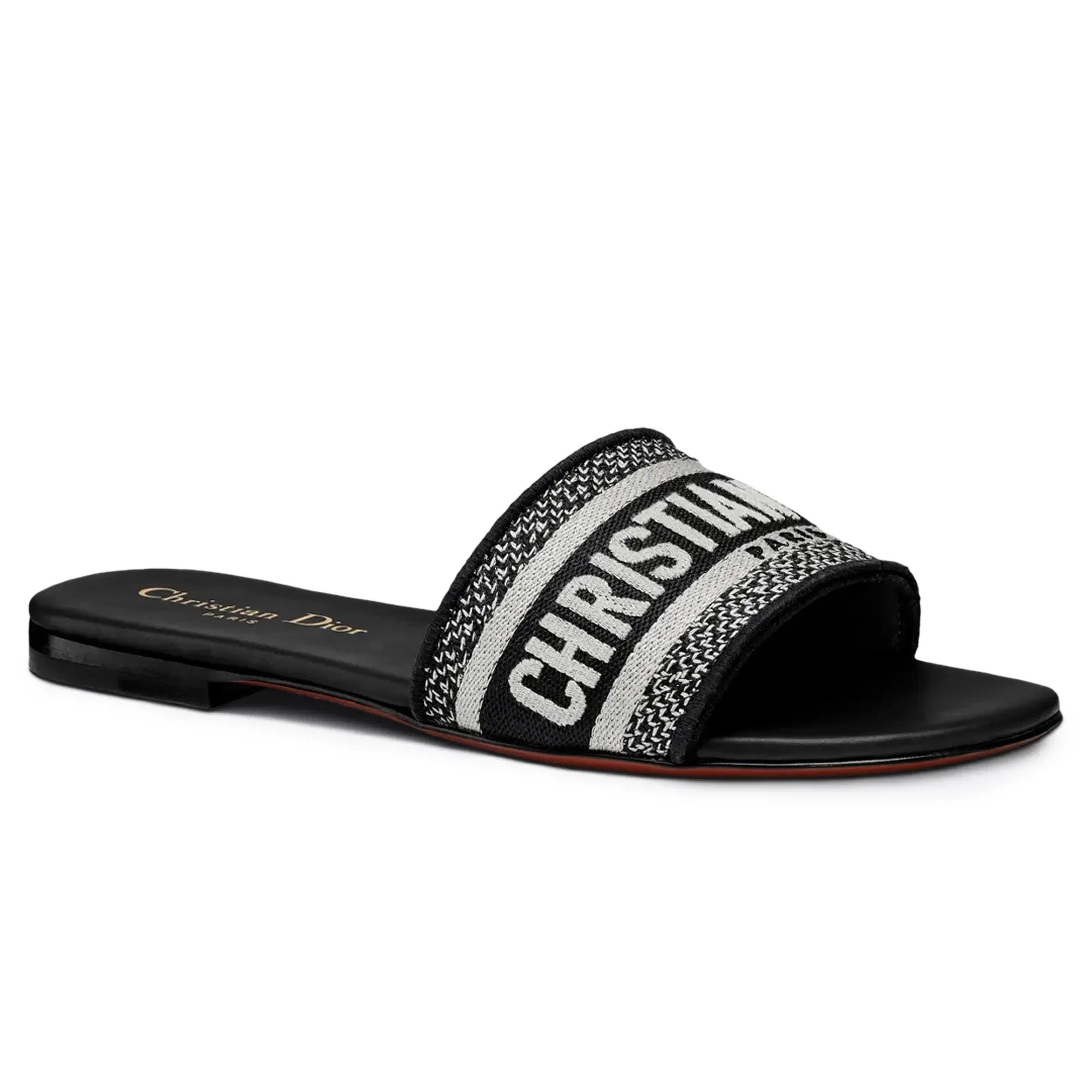 Dway Embroidered Cotton Black White Slides